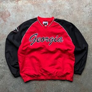 VTG Georgia Bulldogs Pullover Windbreaker Red Black Mens XL V-Neck Jacket
